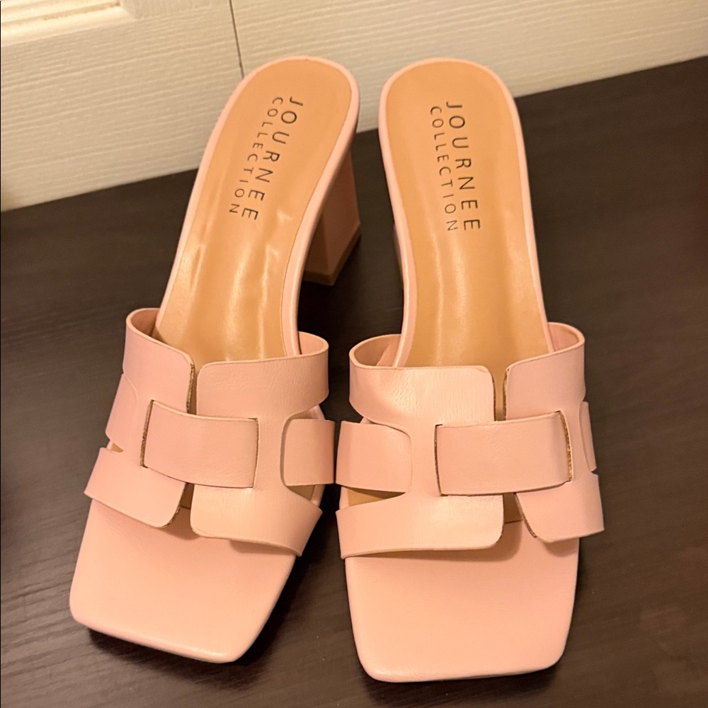 Journee Collection Blush Pink Woven Strap Block Heel Mules